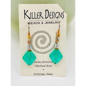 Killer Designs | Drop Dangle Pale Green Diamond Shaped Art Glass Earrings | NEW